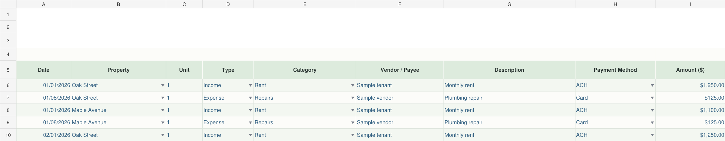 Actual Income & Expense Tracker worksheet preview with fictional sample data