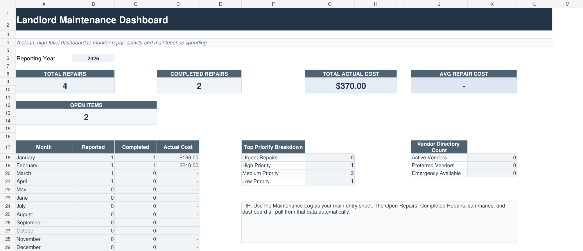 Actual Landlord Spreadsheet Bundle worksheet preview with fictional sample data