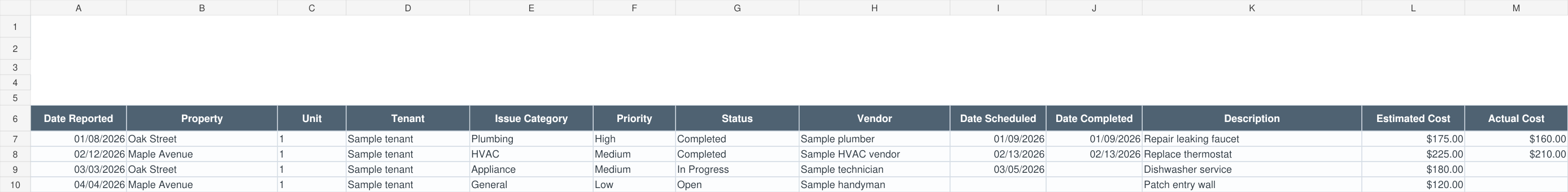 Actual Maintenance & Repair Tracker worksheet preview with fictional sample data